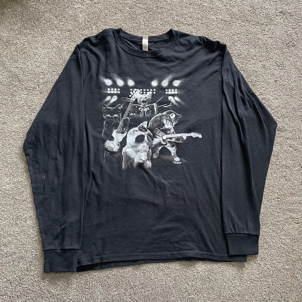Y2K Mens Liquid Blue Cat Animal Band Shirt L Black Good Long Sleeve Graphic Tee